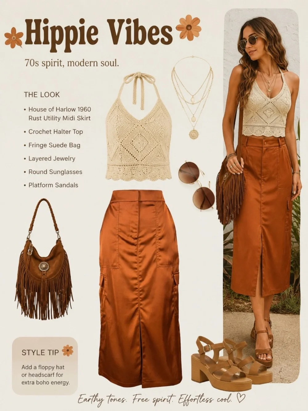 House of Harlow Rust satin cargo midi skirt boho hippie 70s festival vibe